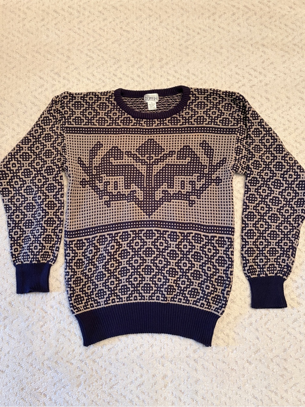 Vintage 80s Gianfranc Ruffini Crewneck Sweater Size M Navy Beige Textured Cotton